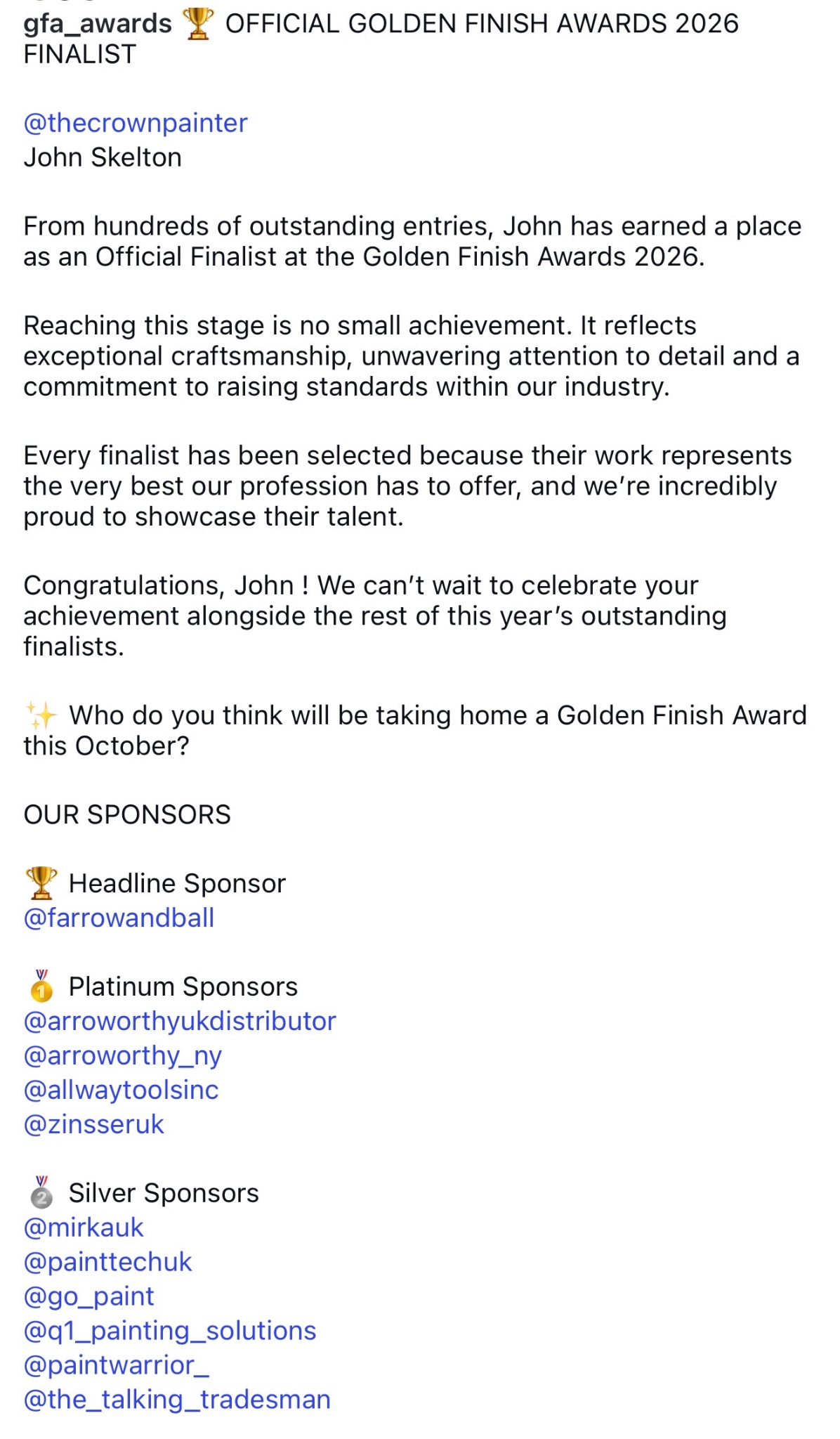 Official Golden Finish Awards 2026 finalist announcement for John Skelton, The Crown Painter